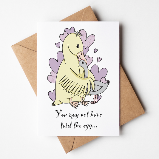Greeting card with a cartoon duck and baby duck illustration on a white background