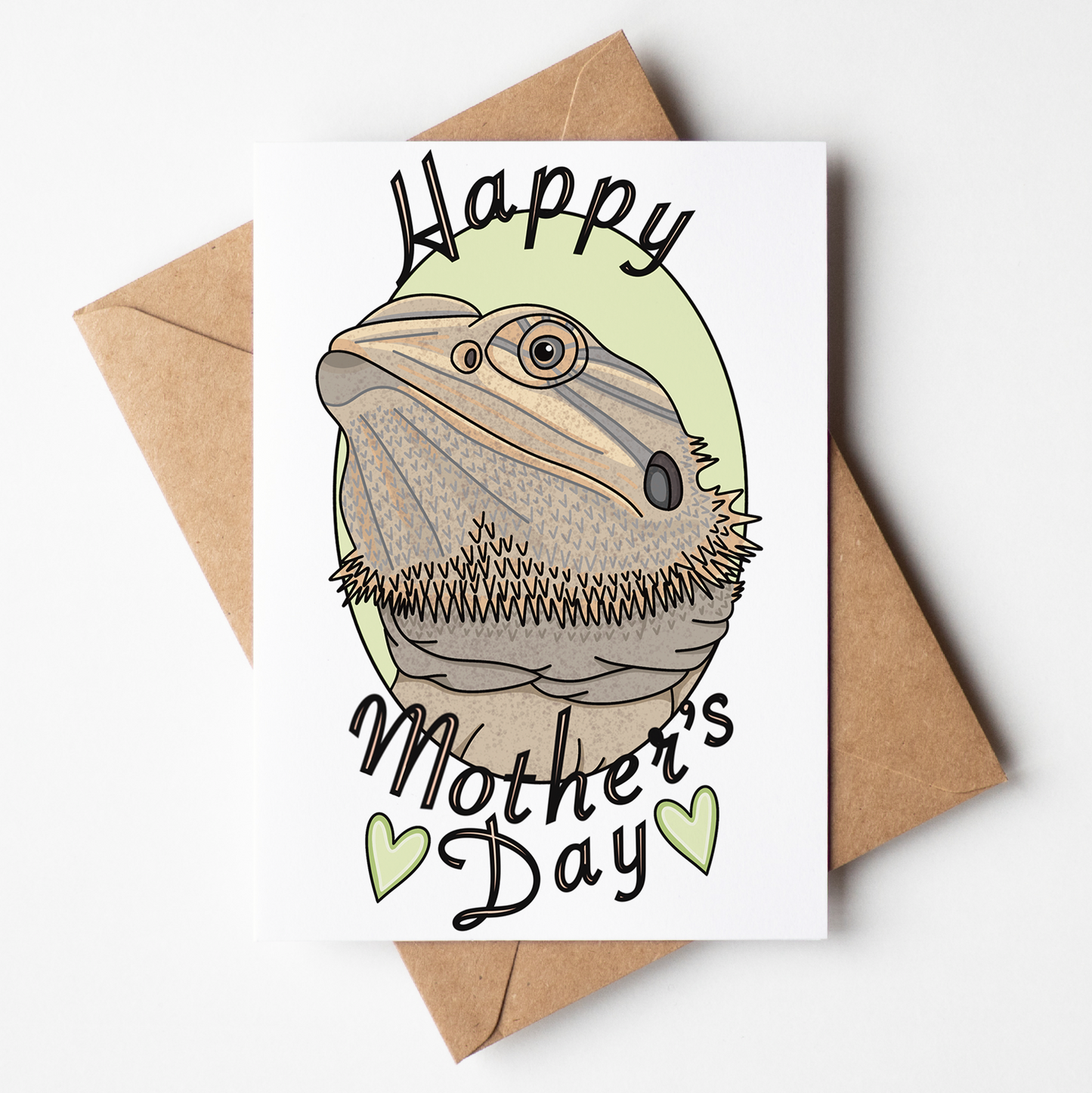 Mother's Day card with a bearded dragon illustration and 'Happy Mother's Day' text on a white background.