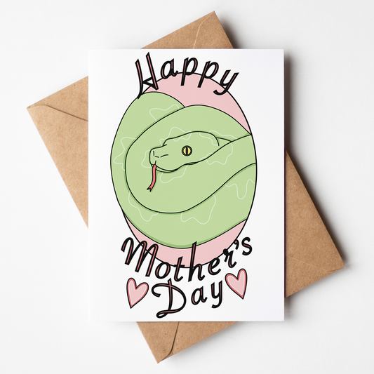 Mother's Day card with a snake illustration and 'Happy Mother's Day' text on a white background.