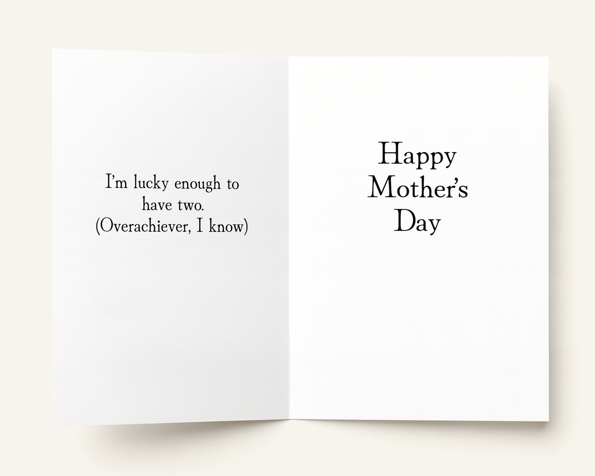 Open card with humorous text on a white background
