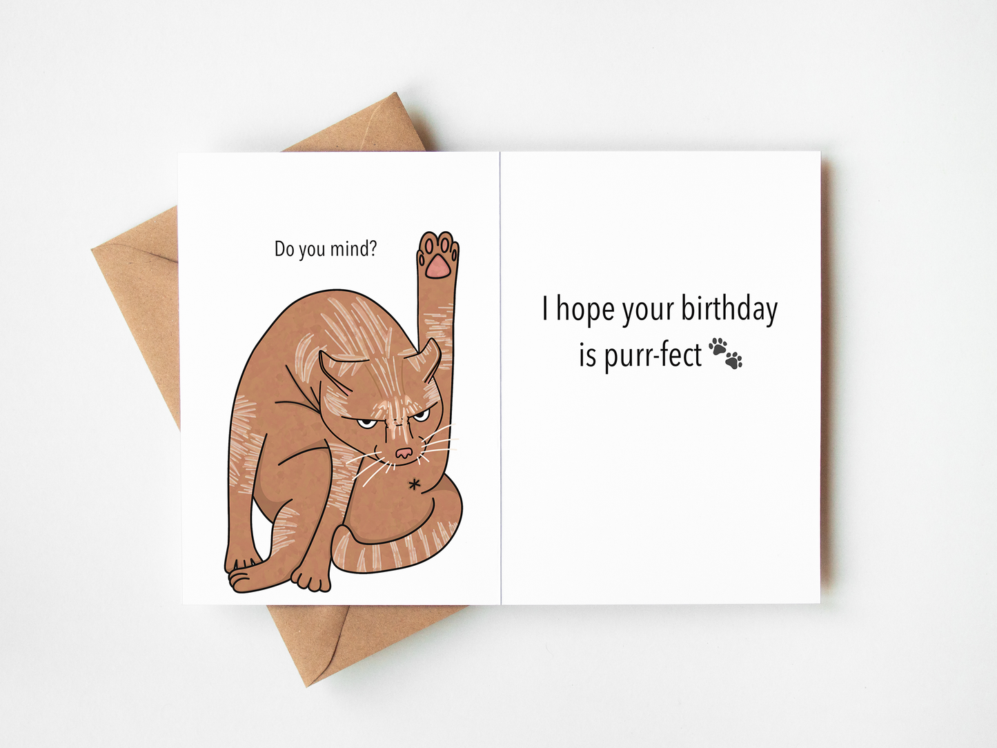 A split-panel birthday card with a brown cartoon cat on the left and the text 'Do you mind?' on the right, shown open with a kraft envelope behind it on a white background.