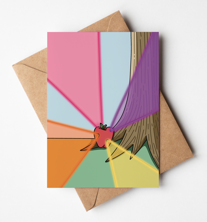A colorful art print featuring a stylized red cockroach on a geometric background, displayed on top of a brown kraft envelope against a clean white background.
