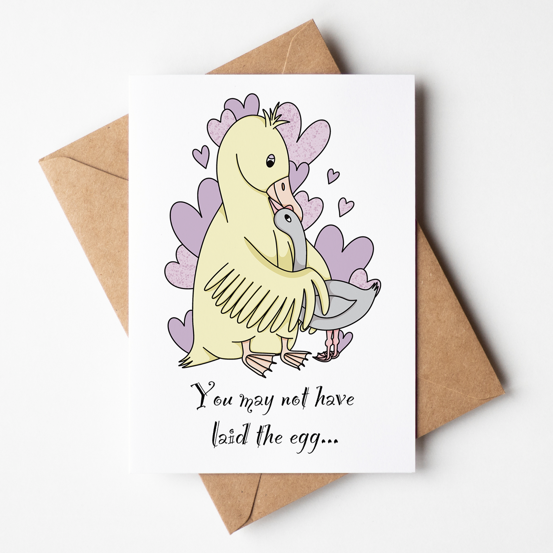 Greeting card with a cartoon duck and baby duck illustration on a white background
