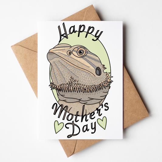 Mother's Day card with a bearded dragon illustration and 'Happy Mother's Day' text on a white background.
