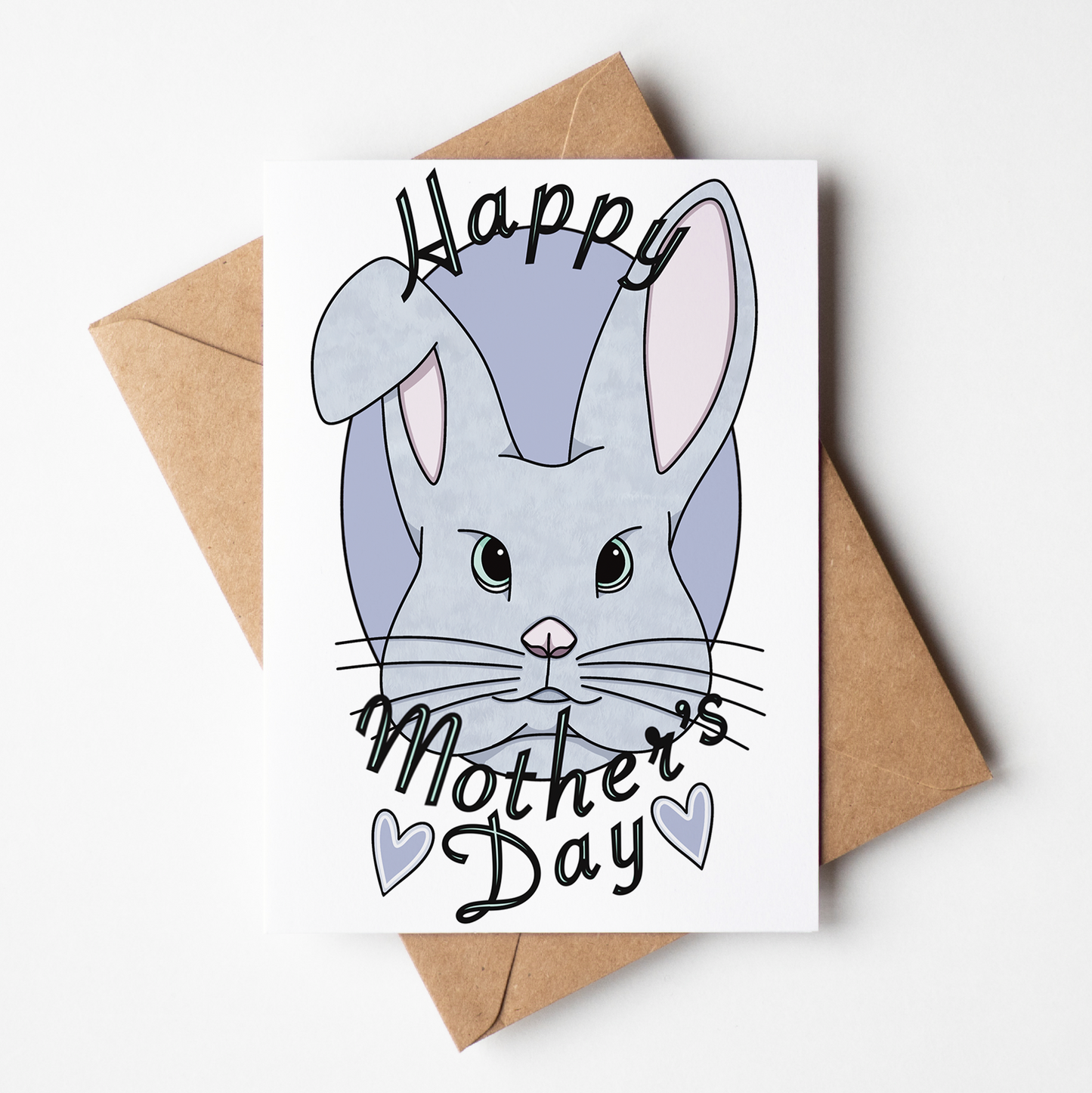 Card with a rabbit illustration and 'Happy Mother's Day' text on a white background