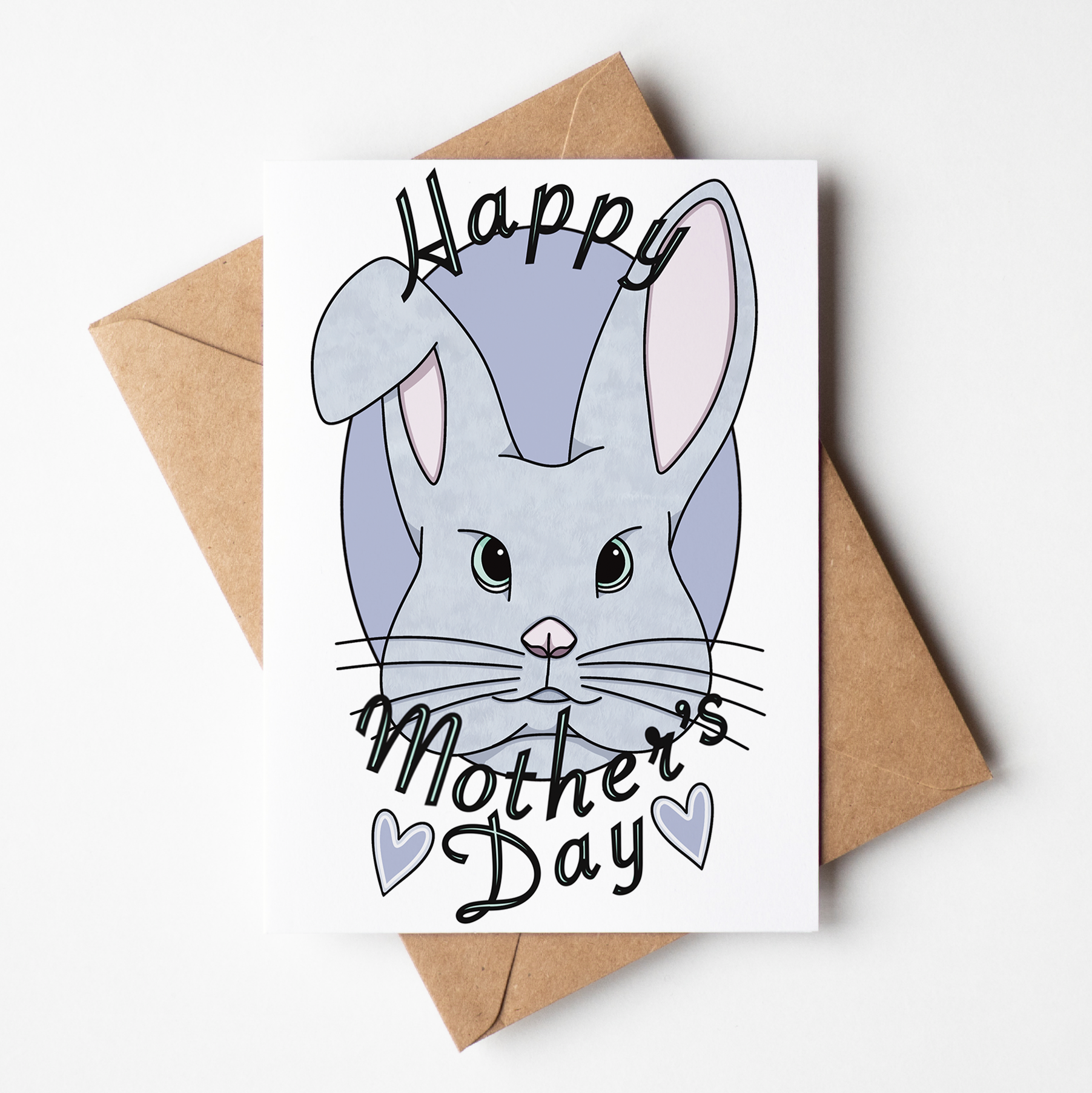 Card with a rabbit illustration and 'Happy Mother's Day' text on a white background