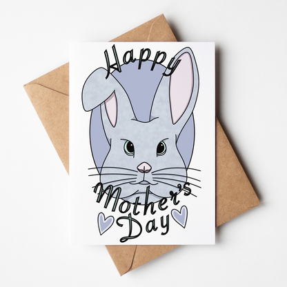 Card with a rabbit illustration and 'Happy Mother's Day' text on a white background