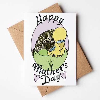 Mother's Day card with cartoon characters and 'Happy Mother's Day' text on a white background.