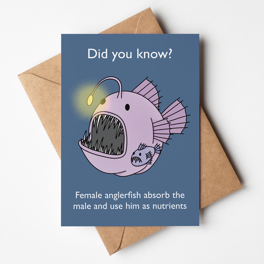 Card with an illustration of an anglerfish and text about female anglerfish absorbing males, on a navy blue background.